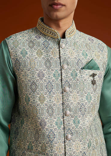Green Silk Kurta Jacket Set For Men With Geometric Jaal Print