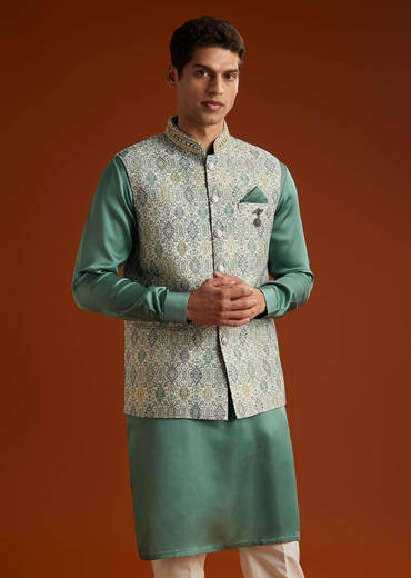 Green Silk Kurta Jacket Set For Men With Geometric Jaal Print