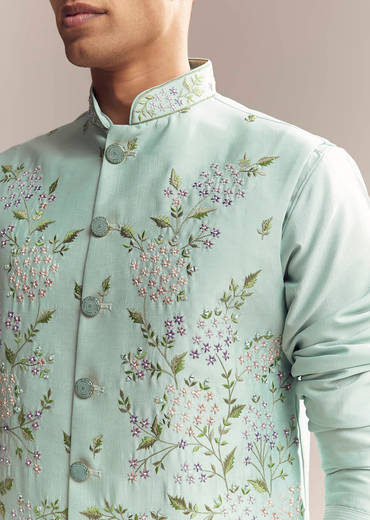 Green Silk Kurta Jacket Set For Men With Thread And Mirror Embroidery