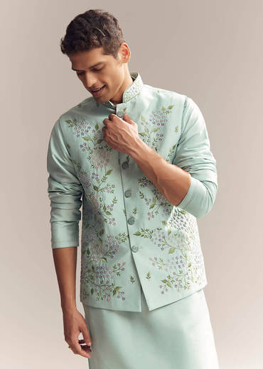 Green Silk Kurta Jacket Set For Men With Thread And Mirror Embroidery