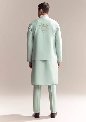 Green Silk Kurta Jacket Set For Men With Thread And Mirror Embroidery