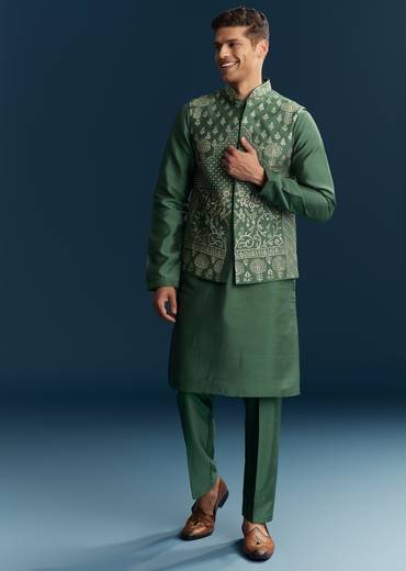 Green Silk Kurta Jacket Set With Thread Detail Work