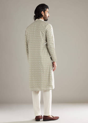 Green Silk Kurta Set For Men With Printed Motifs