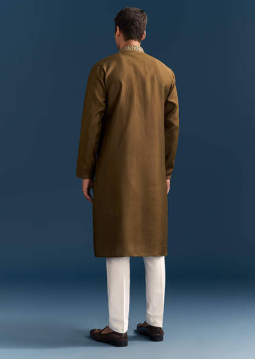 Green Silk Kurta Set For Men With Thread And Resham Work