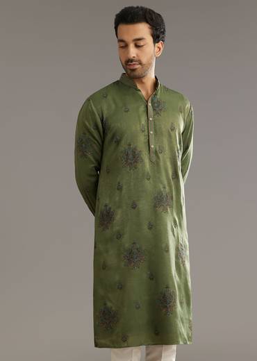 Green Silk Kurta Set With Printed Artwork