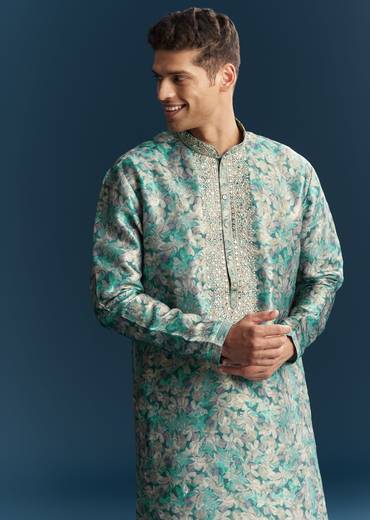 Green Silk Kurta Set With Thread And Mirror Work