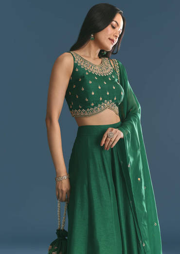 Green Silk Lehenga Choli With Zari And Sequins Work