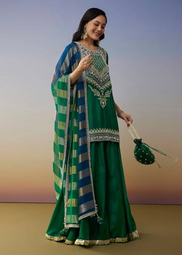 Green Silk Palazzo Suits with Moti Zardosi Work