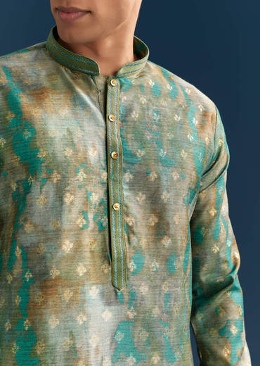 Green Silk Printed Kurta Set For Men With Foil Butti Embroidery