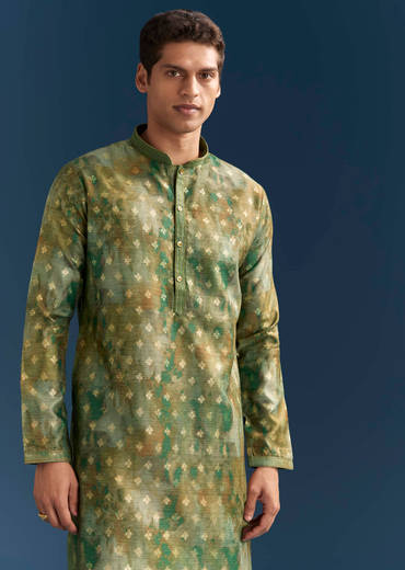 Green Silk Printed Kurta Set For Men With Foil Butti Work