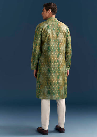 Green Silk Printed Kurta Set For Men With Foil Butti Work