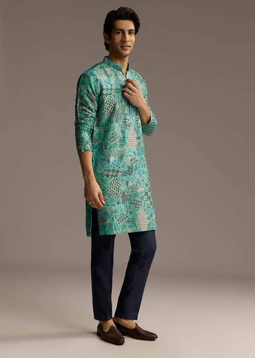 Green Silk Printed Kurta Set For Men With Mirror Work