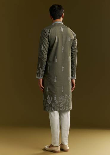 Green Silk Printed Kurta Set With Floral Vine Motif