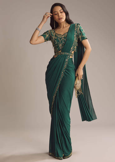 Green Lycra Ready Pleated Saree With Cutdana Work