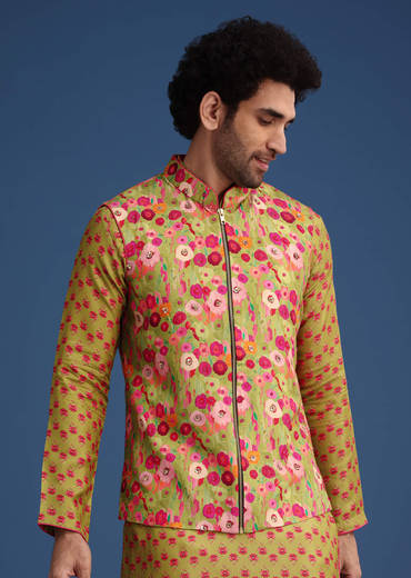 Green Silk Surreal Printed Kurta Jacket Set