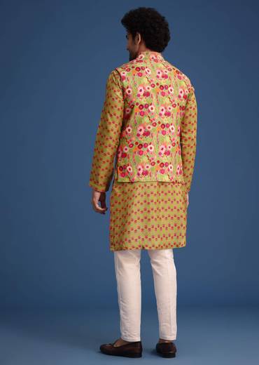 Green Silk Surreal Printed Kurta Jacket Set