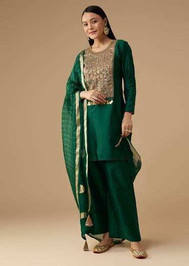 Green Pure Raw Silk Zardozi Embellished Kurta Set