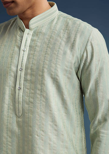 Green Textured Jacquard Kurta Set For Men