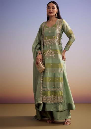 Green Tissue Anarkali Suit With Gotta Work And Dupatta