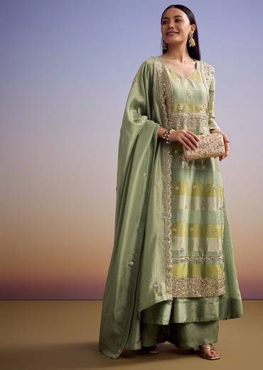 Green Tissue Anarkali Suit With Gotta Work And Dupatta