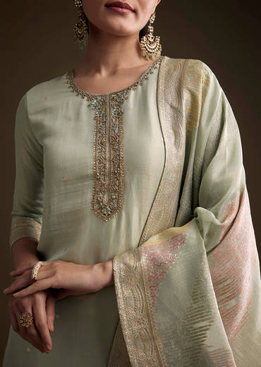 Green Tissue Kurta Set With Cutdana And Sequins Embroidery