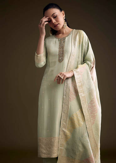 Green Tissue Kurta Set With Cutdana And Sequins Embroidery