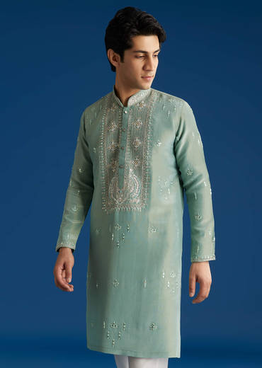 Green Tissue Kurta Set With Cutdana Yoke