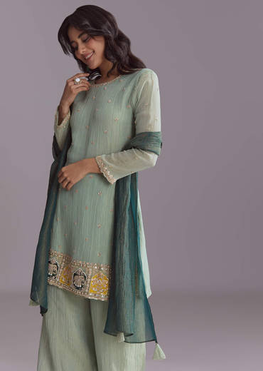 Green Tissue Palazzo Suit With Embroidery And Contrast Dupatta