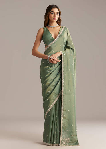 Green Tissue Saree With Bead And Cutdana Embroidery