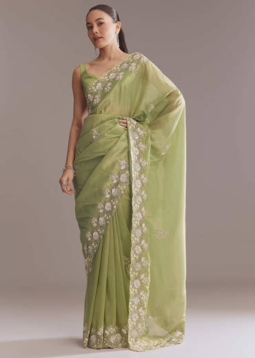 Green Tissue Saree With Bead And Sequin Embroidery