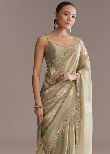 Green Tissue Saree With Mirror And Bead Embroidery
