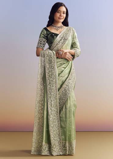 Green Tissue Saree With Velvet Blouse And Richly Embroidered Borders