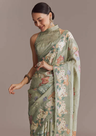 Green Tussar Embroidered Saree With Nature Motifs