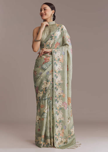 Green Tussar Embroidered Saree With Nature Motifs