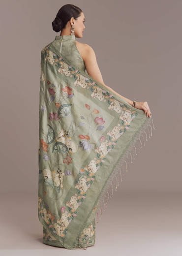 Green Tussar Embroidered Saree With Nature Motifs