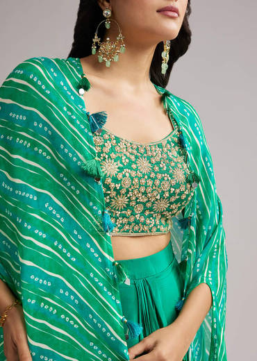 Green Zardosi Cape Set With Crop Top And Skirt