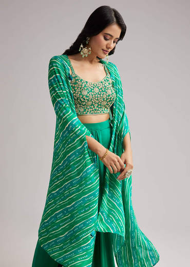 Green Zardosi Cape Set With Crop Top And Skirt