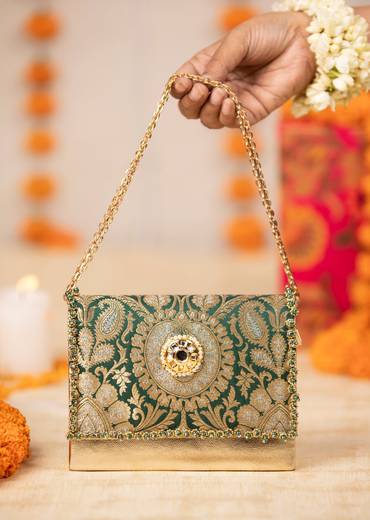 Green Zari and Kundan Encrusted Rectangular Flap Bag