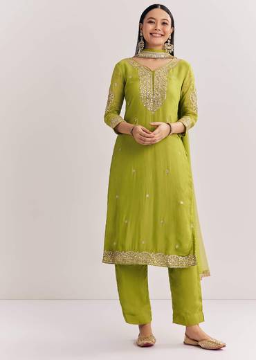 Green Zari Work Kurta Set With Chiffon Dupatta