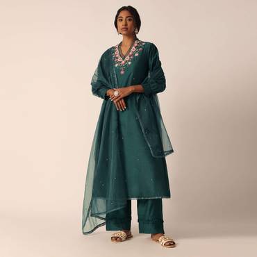 Green Cotton Pant Set With Organza Dupatta