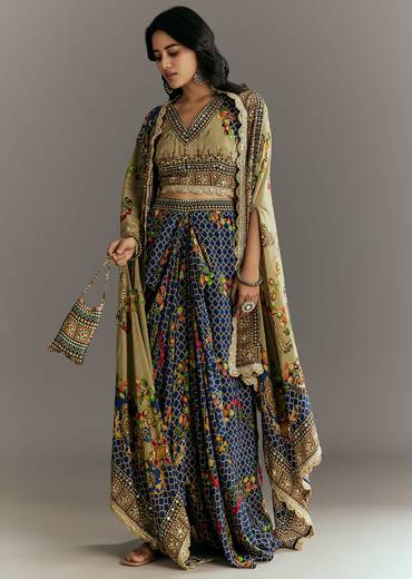 Greenish Beige Muslin Embroidered Croptop With Printed Skirt And Cape