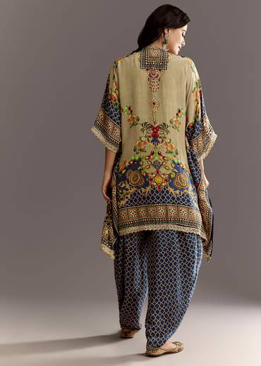 Greenish Beige Printed Kaftaan Kurta With Dhoti
