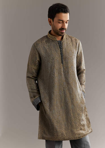 Grey Banarasi Tussar Kurta Set With Contrast Rust Embroidery