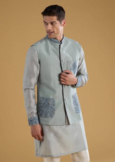 Grey Chanderi Silk Embroidered Mens Jacket Kurta Set