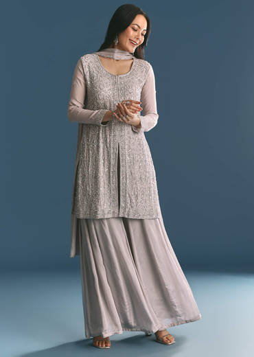 Grey Chinon Cutdana Sequin Embroidered Kurta Palazzo Suit