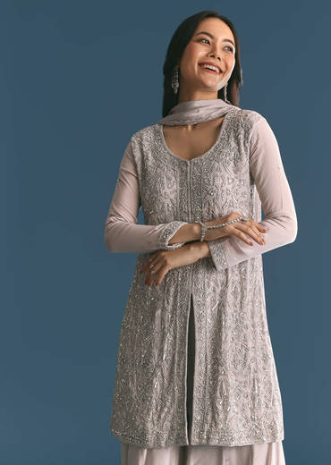 Grey Chinon Cutdana Sequin Embroidered Kurta Palazzo Suit
