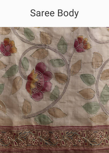 Grey Cotton Hand Painted Saree With Contrast Border