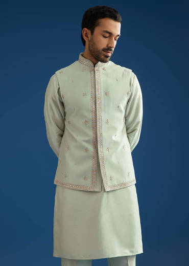 Grey Cotton Silk Kurta Jacket Set With Mirror Embroidery