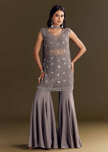 Grey Crepe Kurta Sharara With Net Choker Dupatta