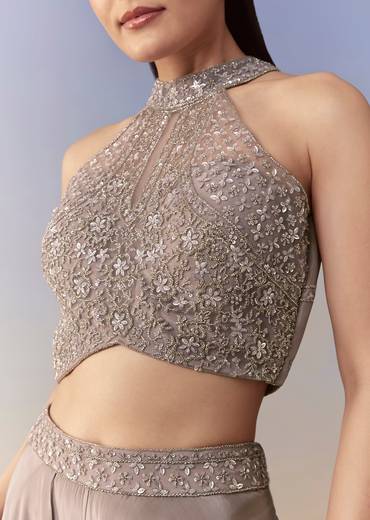 Grey Crepe Sequin Embellished Crop Top Palazzo Set